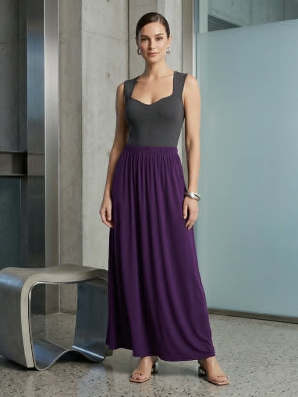 Purple Lycra Blend Draped Maxi Skirt One Size Elastic Waist Stretch